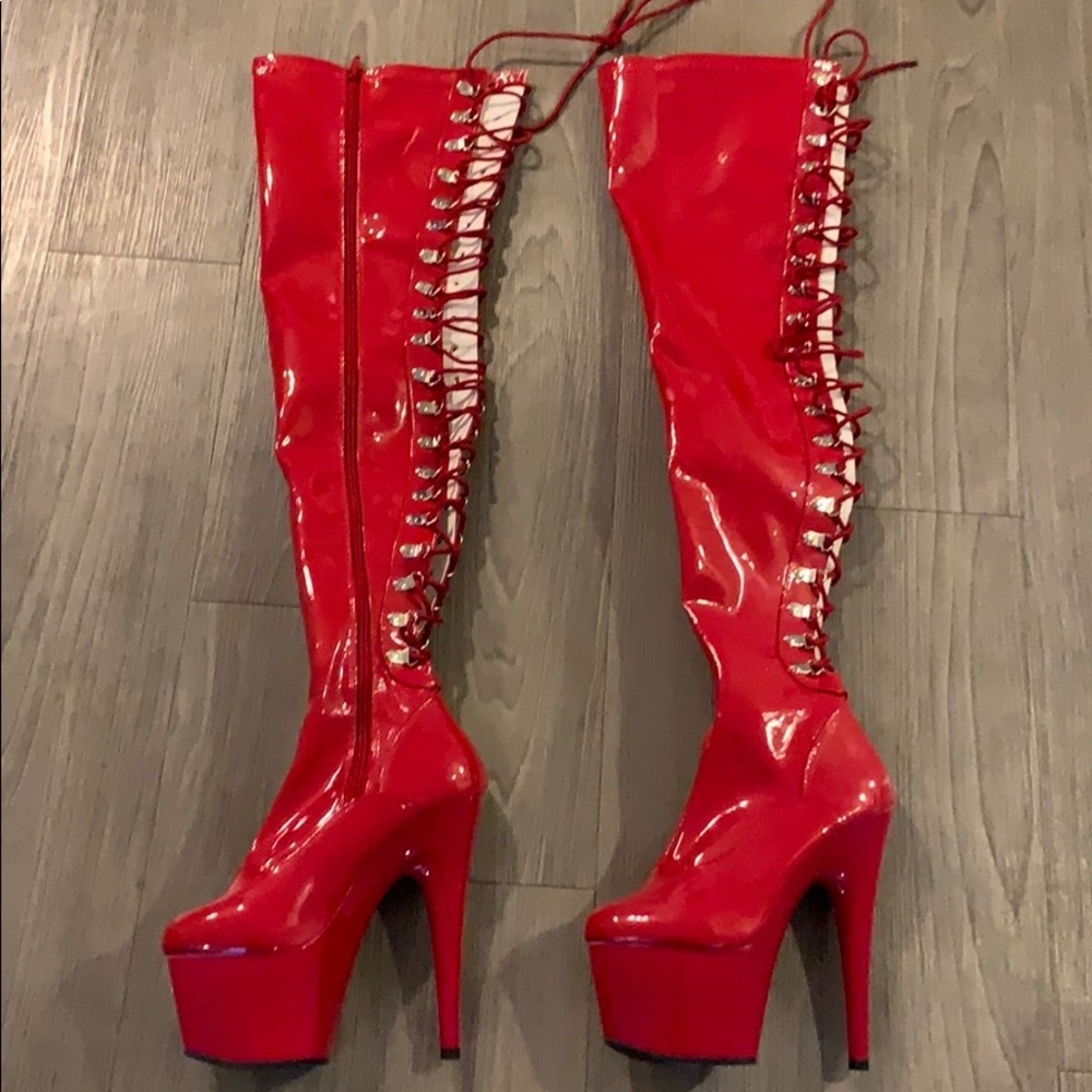 Pleaser - red thigh high lace up boots